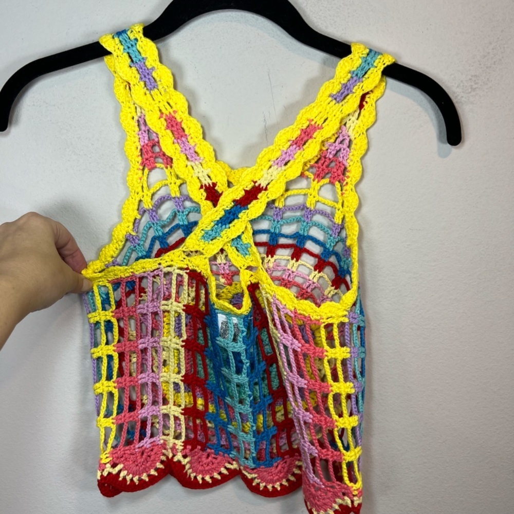 Boho Hippie Crochet Tank Top Multicolor Scalloped Hem Festival Summer Size Small - Picture 6 of 11